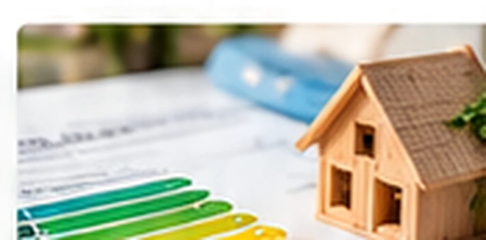 Energieeffizienzskala und kleines Holzhaus auf einer Bauplanung